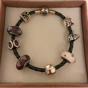 Pandora grey leather bracelet with charms